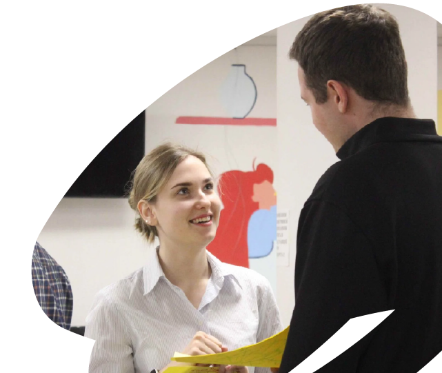Two participants engaged in conversation during an EU4Youth training or networking activity, discussing ideas in an informal setting. Two participants engaged in conversation during an EU4Youth training or networking activity, discussing ideas in an informal setting.